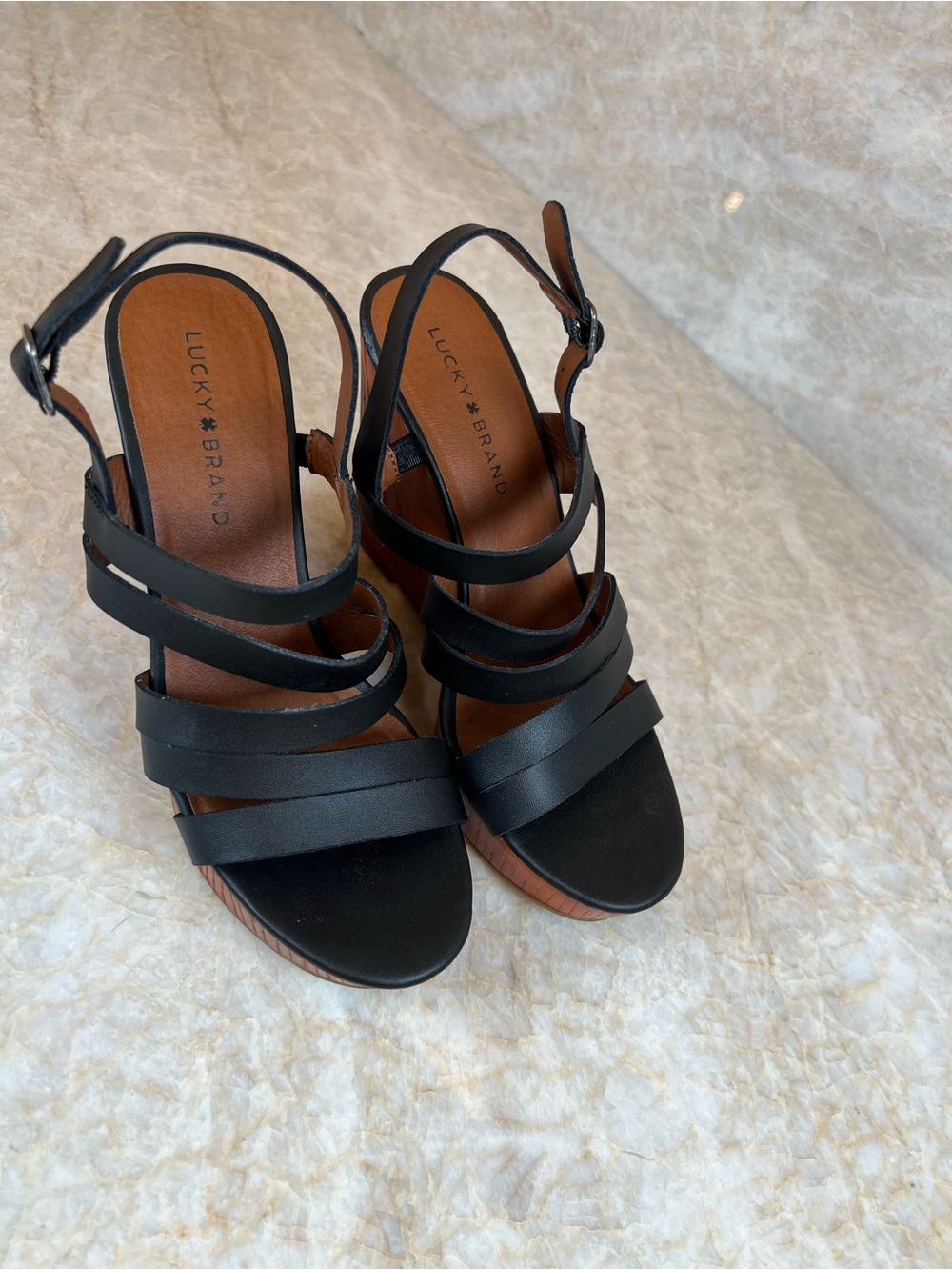 Lucky Brand Black Strappy Wood-Platform Wedge Sandals. Leather upper - Picture 2 of 8